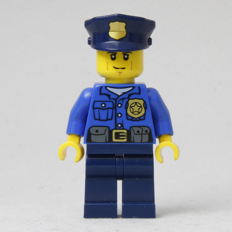 Policeman, Blue Shirt with Badge and Pouches, Dark Blue Legs, Dark Blue Police Hat with Badge, Cheek Lines - Used - $2.99